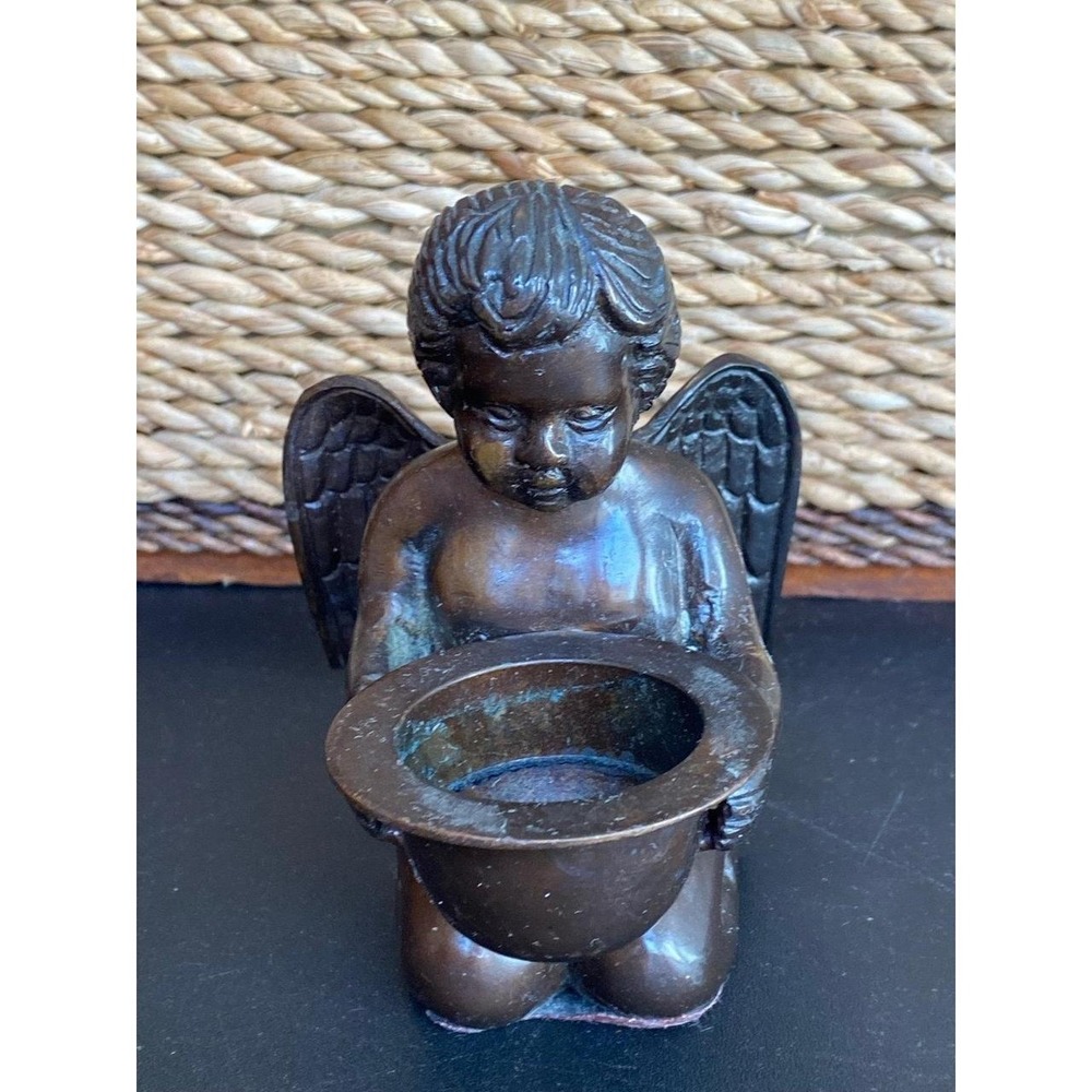 Angel Vintage Brass Holy Water Bowl Table Top Heavy 4.5" s74